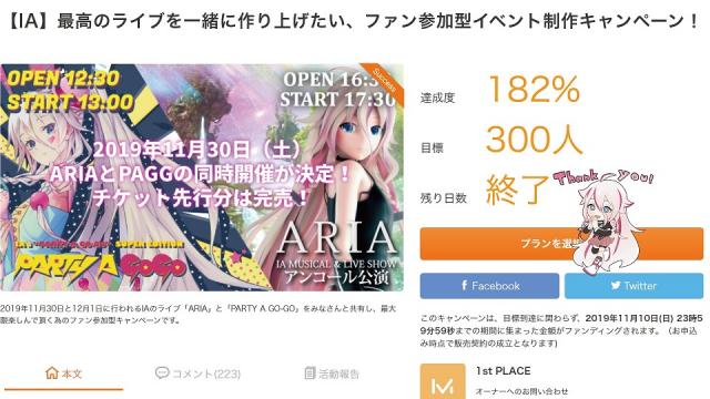 【ARIA/PAGG連動クラファン】達成度182%で終了いたしました！皆さま本当に有難うございました！