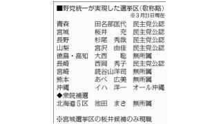 参院選１人区／統一候補　青森・山梨　新たに／９選挙区で実現　さらに