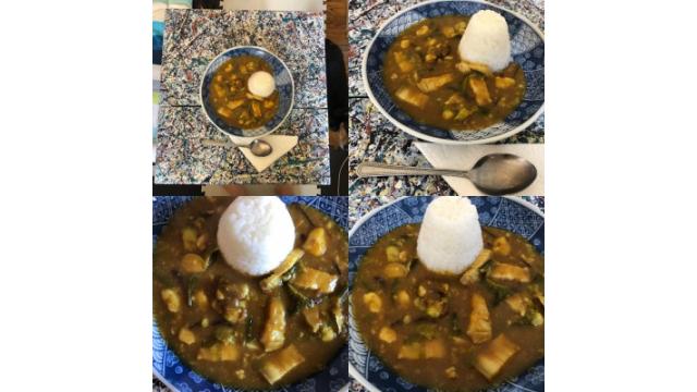 豚の脂身の多い肉と芽キャベツとさつまいものカレー